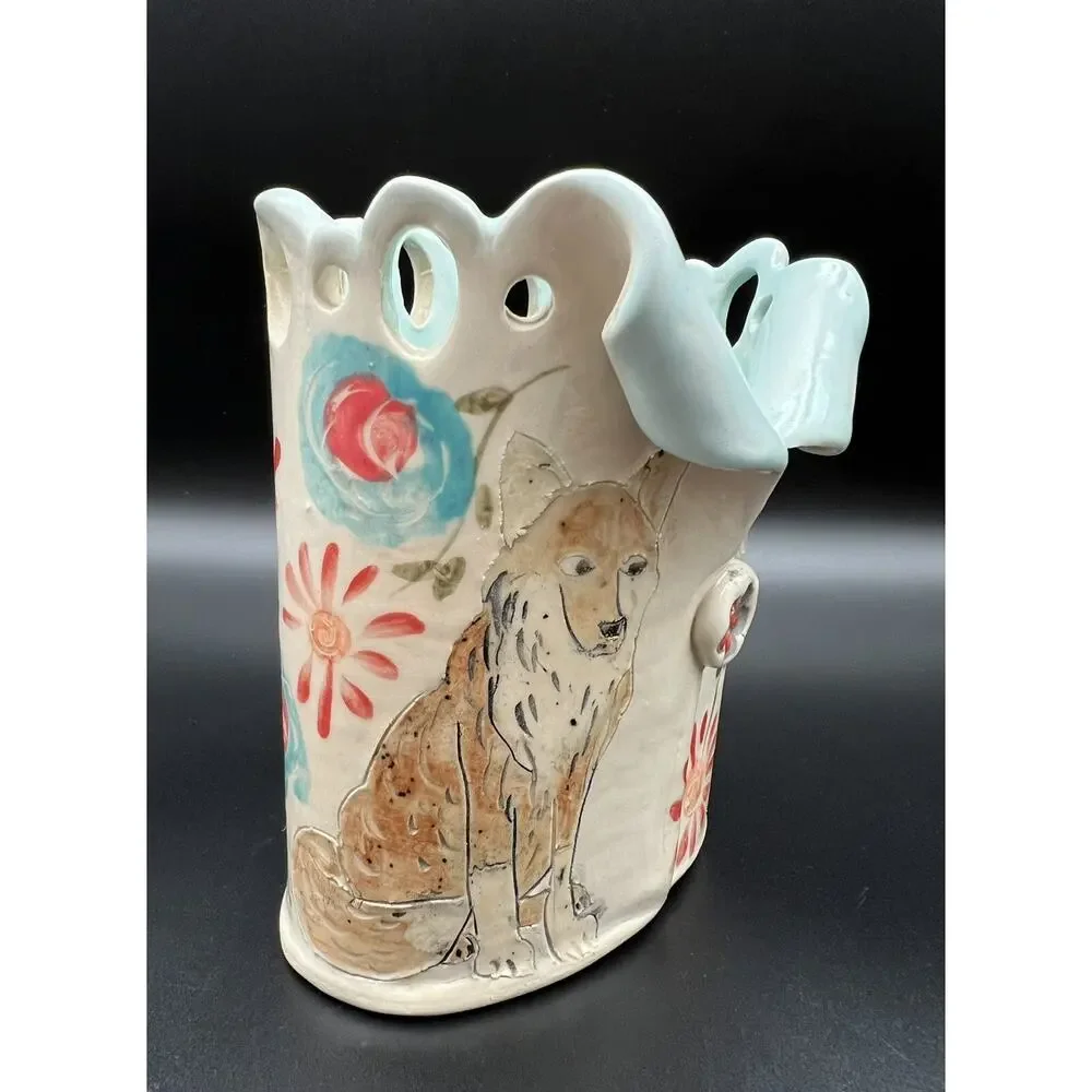Deb Babcock Blue Sky Art Pottery Vase 5.5” Fox & Florals Whimsical Signed
